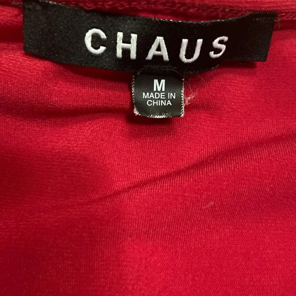 Chaus Red Gathered V-Neck Top 3/4 Sleeves Blouse with Black Rhinestones - Picture 3 of 5